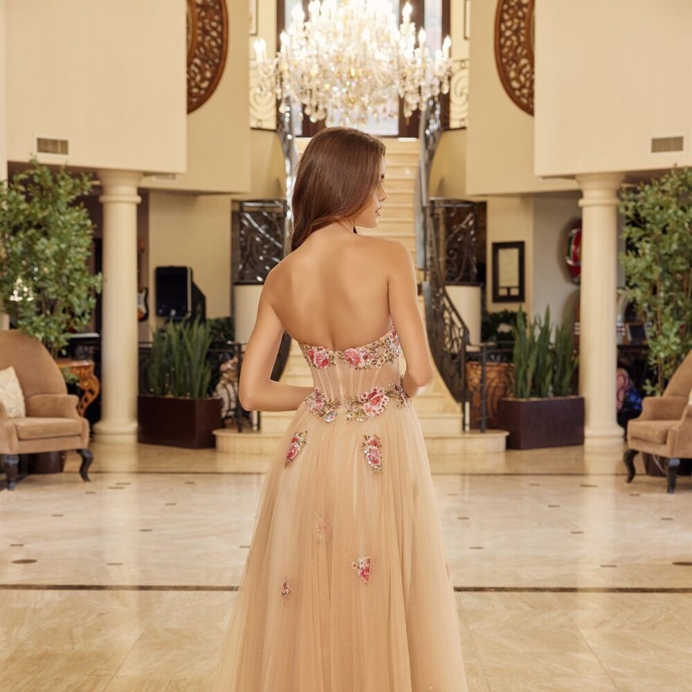 New Champagne Floral Lace Embellished A-Line Prom Gown w/ Corset Bodice NX Y1803 - Picture 8 of 10